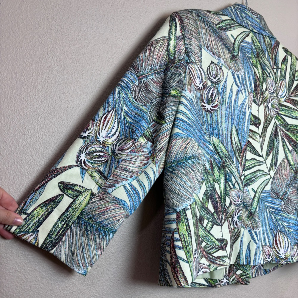 Colorful Jacket Womens 10 Green Blue Tropical Palm Leaf Flower Resortwear Floral - Picture 15 of 16